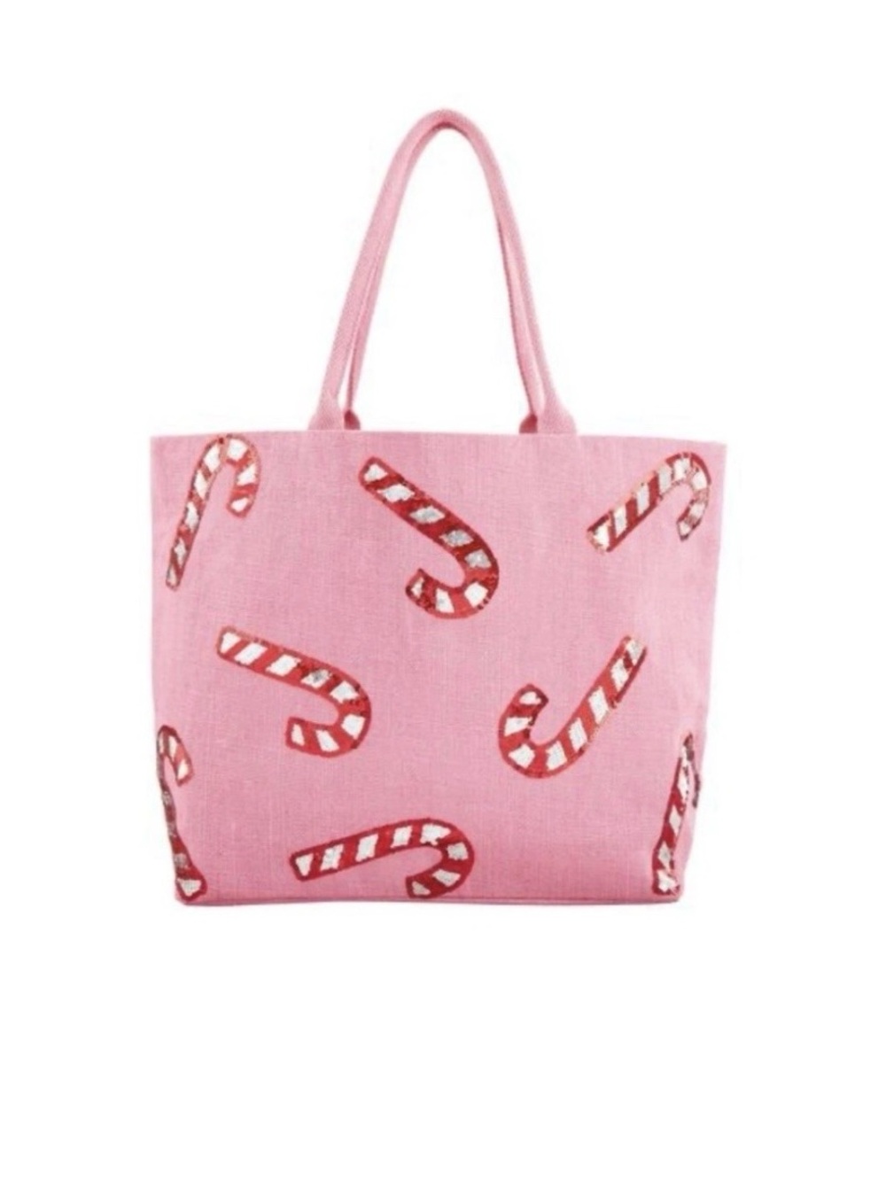 NWT Mud Pie Christmas Pink Candy Cane Sparkle Glitter Jute Tote Bag